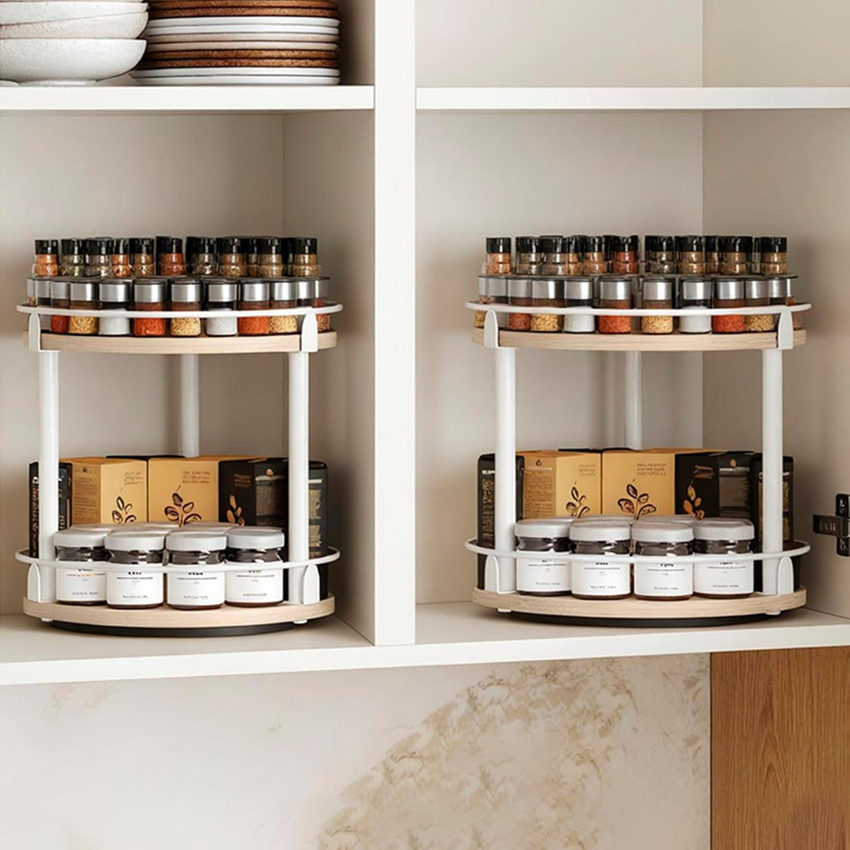 Lazy Susan Organizer, Rotating Spice Rack, 2 Tier Spice Turntable Organizer, Industrial Turntable Spice Holder, for Kitchen Countertop and Cabinet, Compact and Versatile, Rustic Brown SR22BR