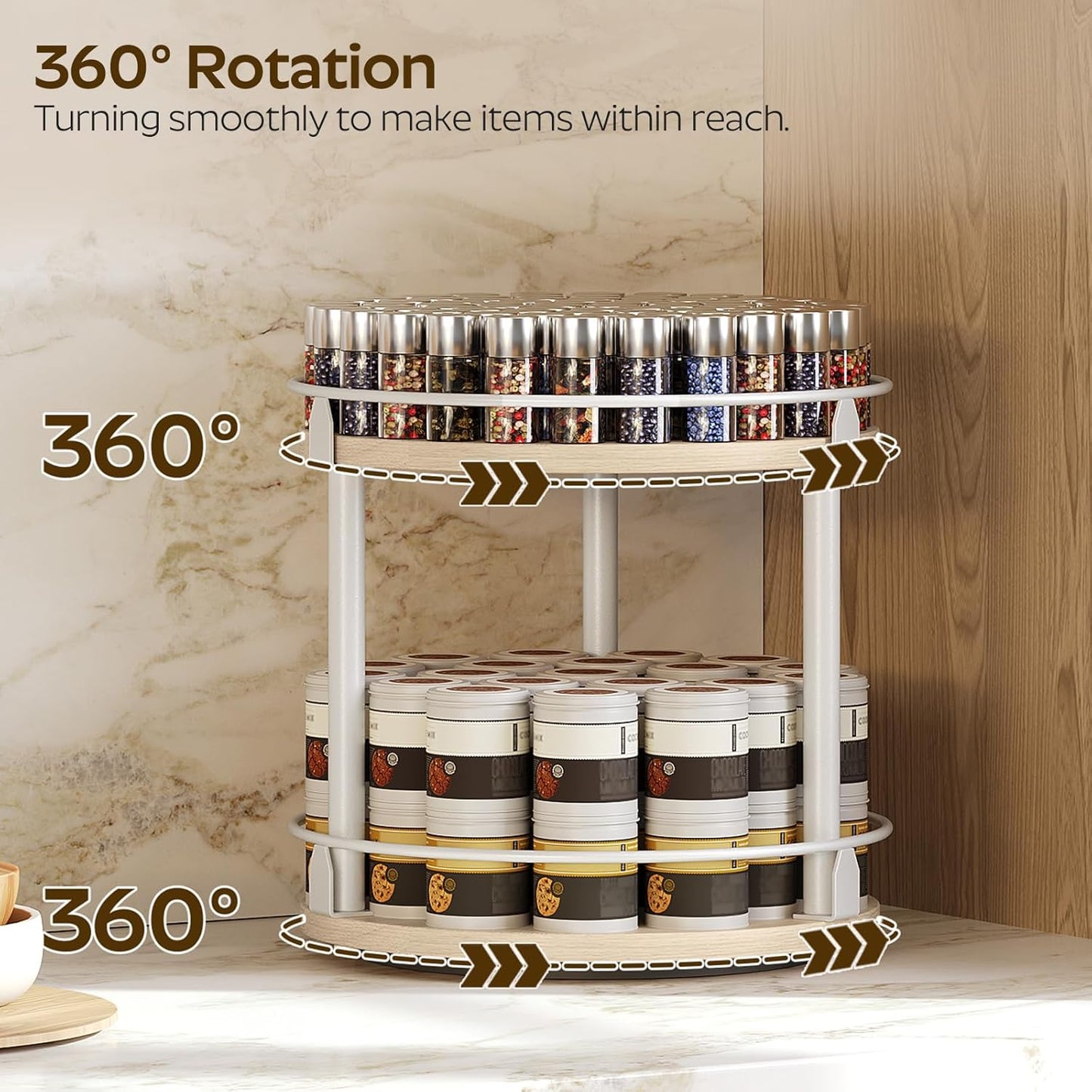 Lazy Susan Organizer, Rotating Spice Rack, 2 Tier Spice Turntable Organizer, Industrial Turntable Spice Holder, for Kitchen Countertop and Cabinet, Compact and Versatile, Rustic Brown SR22BR
