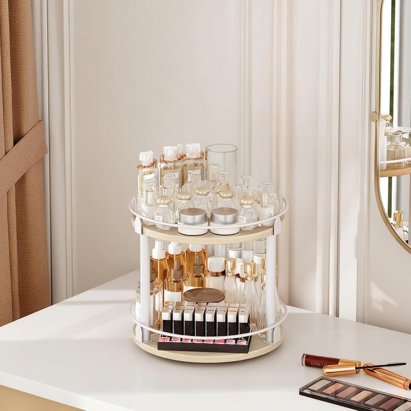 Lazy Susan Organizer, Rotating Spice Rack, 2 Tier Spice Turntable Organizer, Industrial Turntable Spice Holder, for Kitchen Countertop and Cabinet, Compact and Versatile, Rustic Brown SR22BR