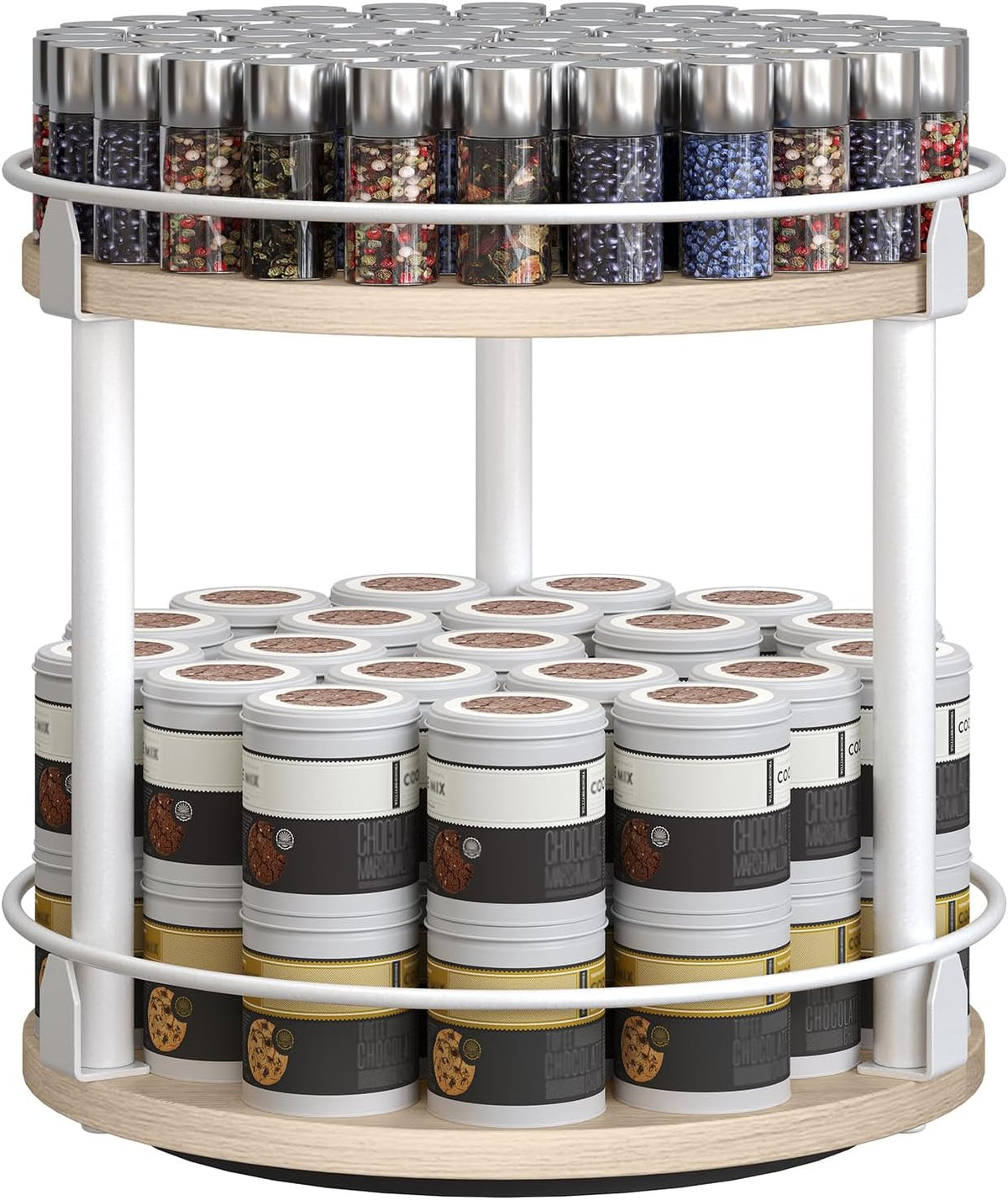 Lazy Susan Organizer, Rotating Spice Rack, 2 Tier Spice Turntable Organizer, Industrial Turntable Spice Holder, for Kitchen Countertop and Cabinet, Compact and Versatile, Rustic Brown SR22BR