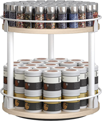 Lazy Susan Organizer, Rotating Spice Rack, 2 Tier Spice Turntable Organizer, Industrial Turntable Spice Holder, for Kitchen Countertop and Cabinet, Compact and Versatile, Rustic Brown SR22BR