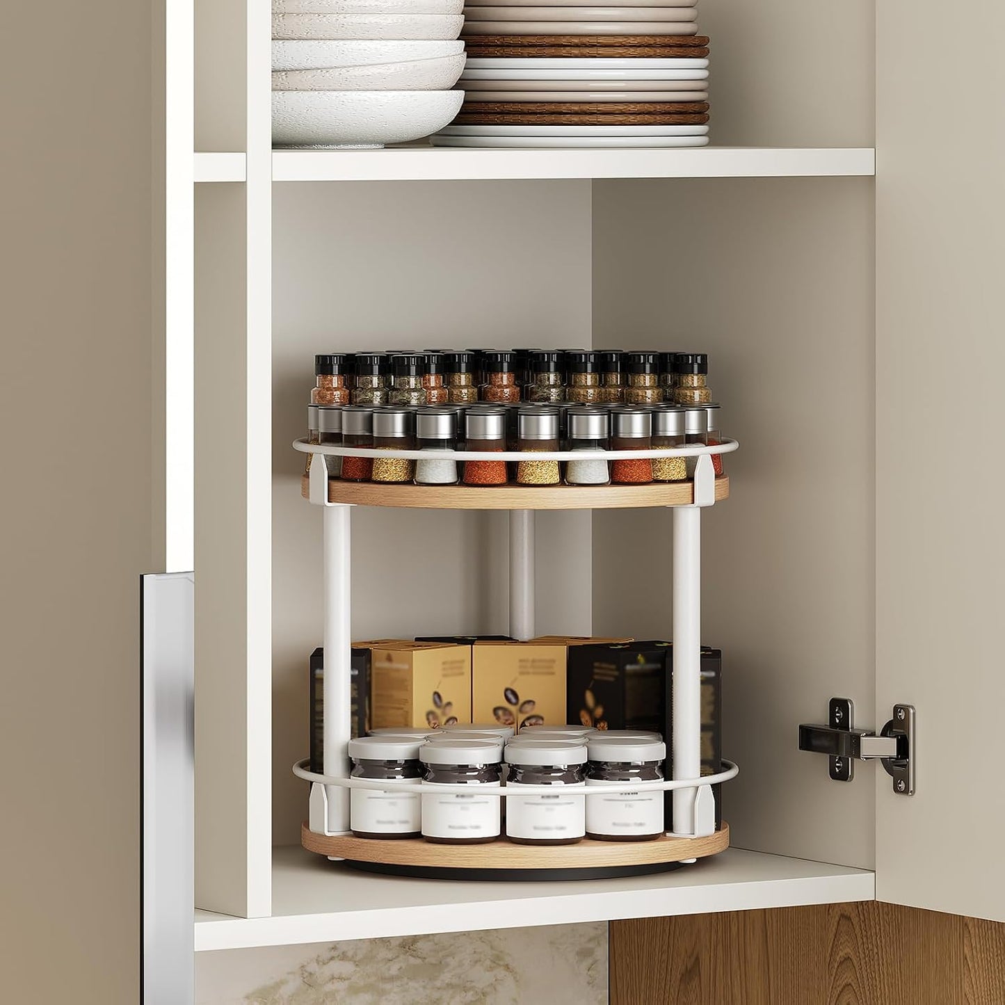 Lazy Susan Organizer, Rotating Spice Rack, 2 Tier Spice Turntable Organizer, Industrial Turntable Spice Holder, for Kitchen Countertop and Cabinet, Compact and Versatile, Rustic Brown SR22BR
