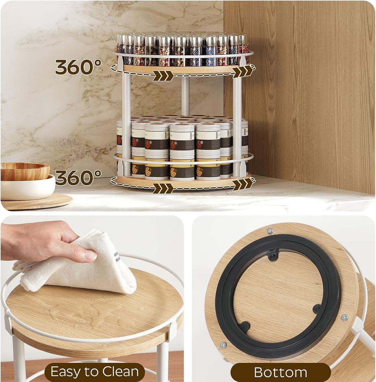 Lazy Susan Organizer, Rotating Spice Rack, 2 Tier Spice Turntable Organizer, Industrial Turntable Spice Holder, for Kitchen Countertop and Cabinet, Compact and Versatile, Rustic Brown SR22BR