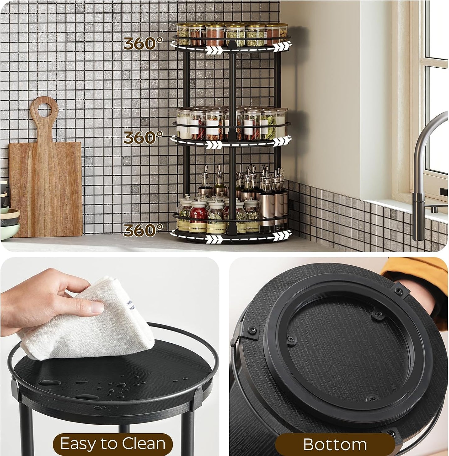 Lazy Susan Organizer, Rotating Spice Rack, 2 Tier Spice Turntable Organizer, Industrial Turntable Spice Holder, for Kitchen Countertop and Cabinet, Compact and Versatile, Rustic Brown SR22BR