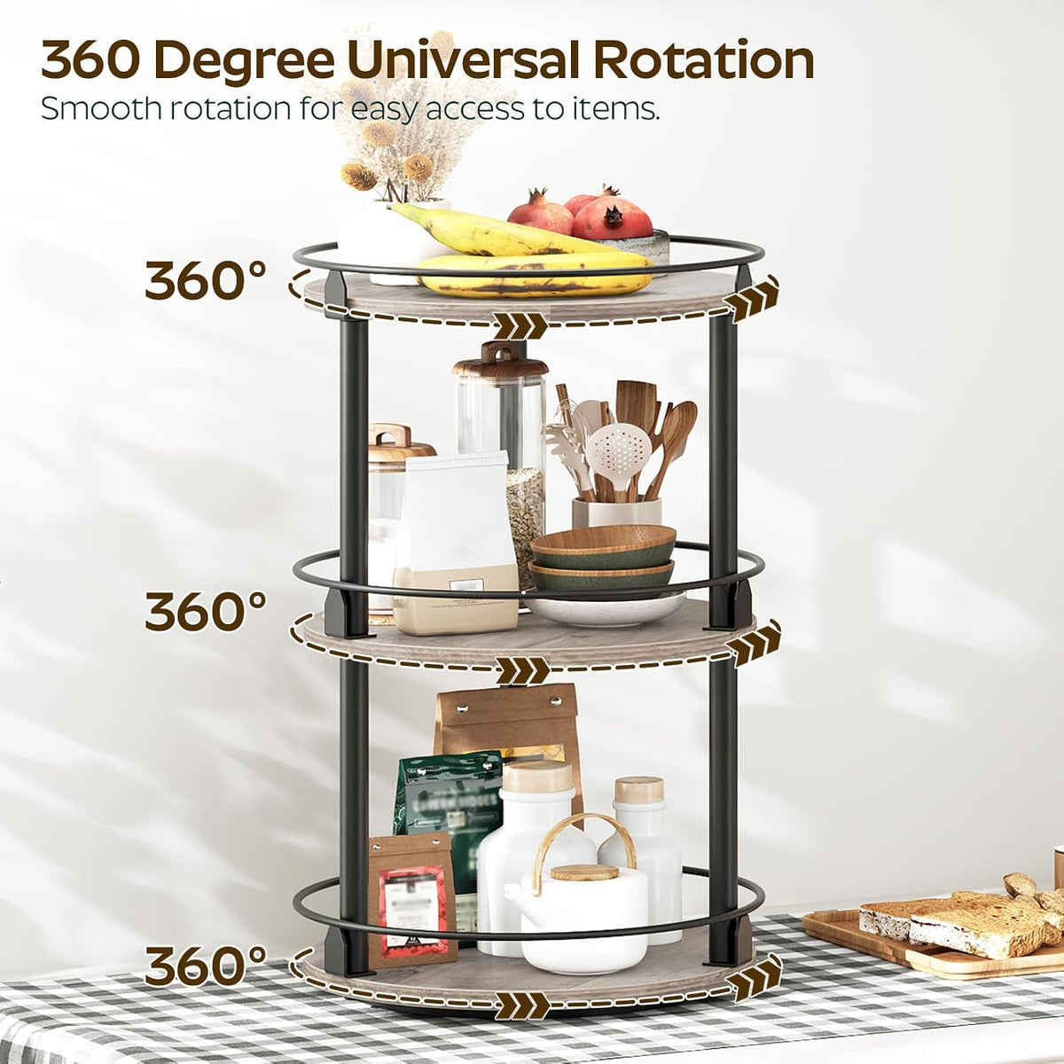 Lazy Susan Organizer, Rotating Spice Rack, 2 Tier Spice Turntable Organizer, Industrial Turntable Spice Holder, for Kitchen Countertop and Cabinet, Compact and Versatile, Rustic Brown SR22BR
