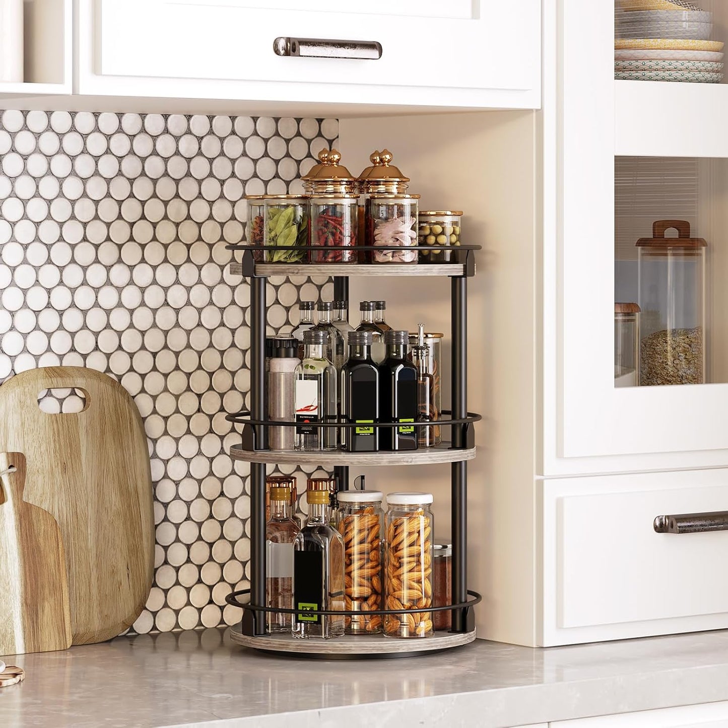 Lazy Susan Organizer, Rotating Spice Rack, 2 Tier Spice Turntable Organizer, Industrial Turntable Spice Holder, for Kitchen Countertop and Cabinet, Compact and Versatile, Rustic Brown SR22BR