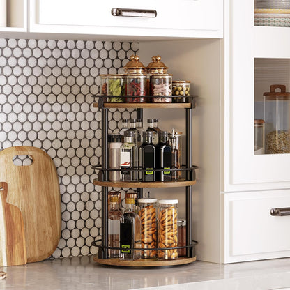 Lazy Susan Organizer, Rotating Spice Rack, 2 Tier Spice Turntable Organizer, Industrial Turntable Spice Holder, for Kitchen Countertop and Cabinet, Compact and Versatile, Rustic Brown SR22BR