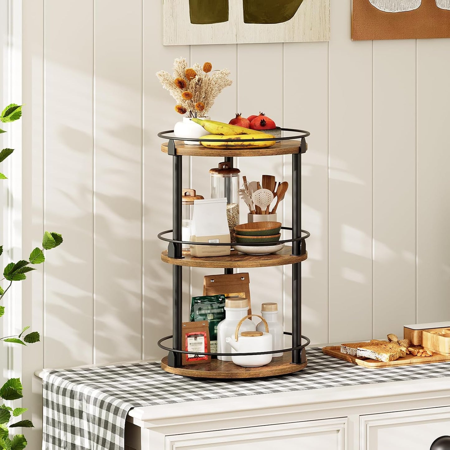 Lazy Susan Organizer, Rotating Spice Rack, 2 Tier Spice Turntable Organizer, Industrial Turntable Spice Holder, for Kitchen Countertop and Cabinet, Compact and Versatile, Rustic Brown SR22BR