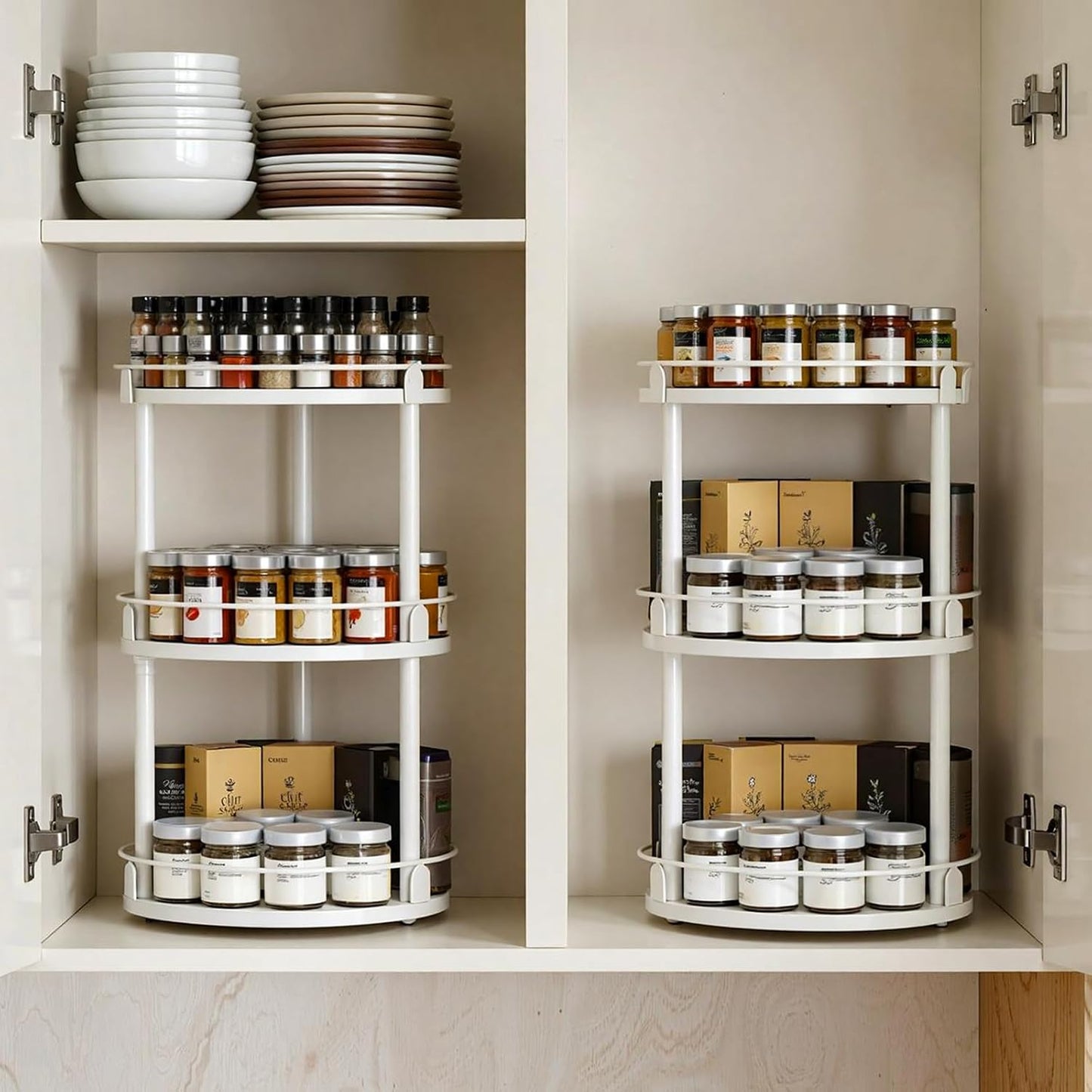 Lazy Susan Organizer, Rotating Spice Rack, 2 Tier Spice Turntable Organizer, Industrial Turntable Spice Holder, for Kitchen Countertop and Cabinet, Compact and Versatile, Rustic Brown SR22BR