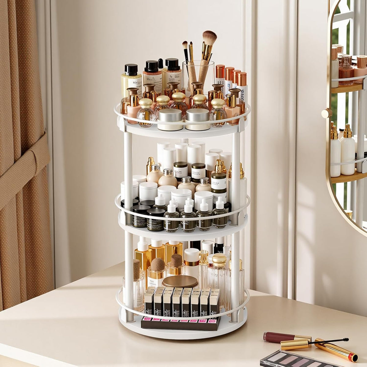Lazy Susan Organizer, Rotating Spice Rack, 2 Tier Spice Turntable Organizer, Industrial Turntable Spice Holder, for Kitchen Countertop and Cabinet, Compact and Versatile, Rustic Brown SR22BR