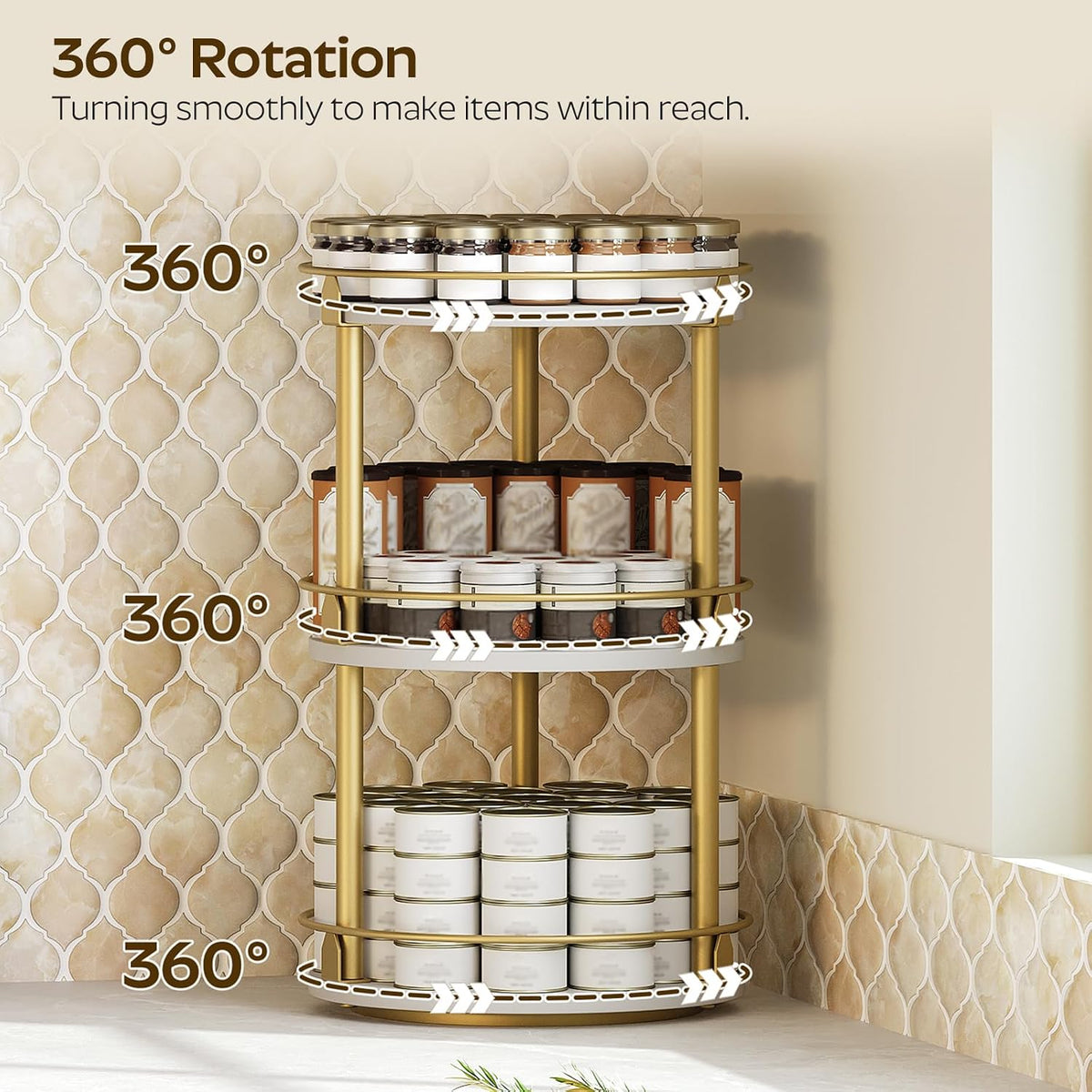 Lazy Susan Organizer, Rotating Spice Rack, 2 Tier Spice Turntable Organizer, Industrial Turntable Spice Holder, for Kitchen Countertop and Cabinet, Compact and Versatile, Rustic Brown SR22BR