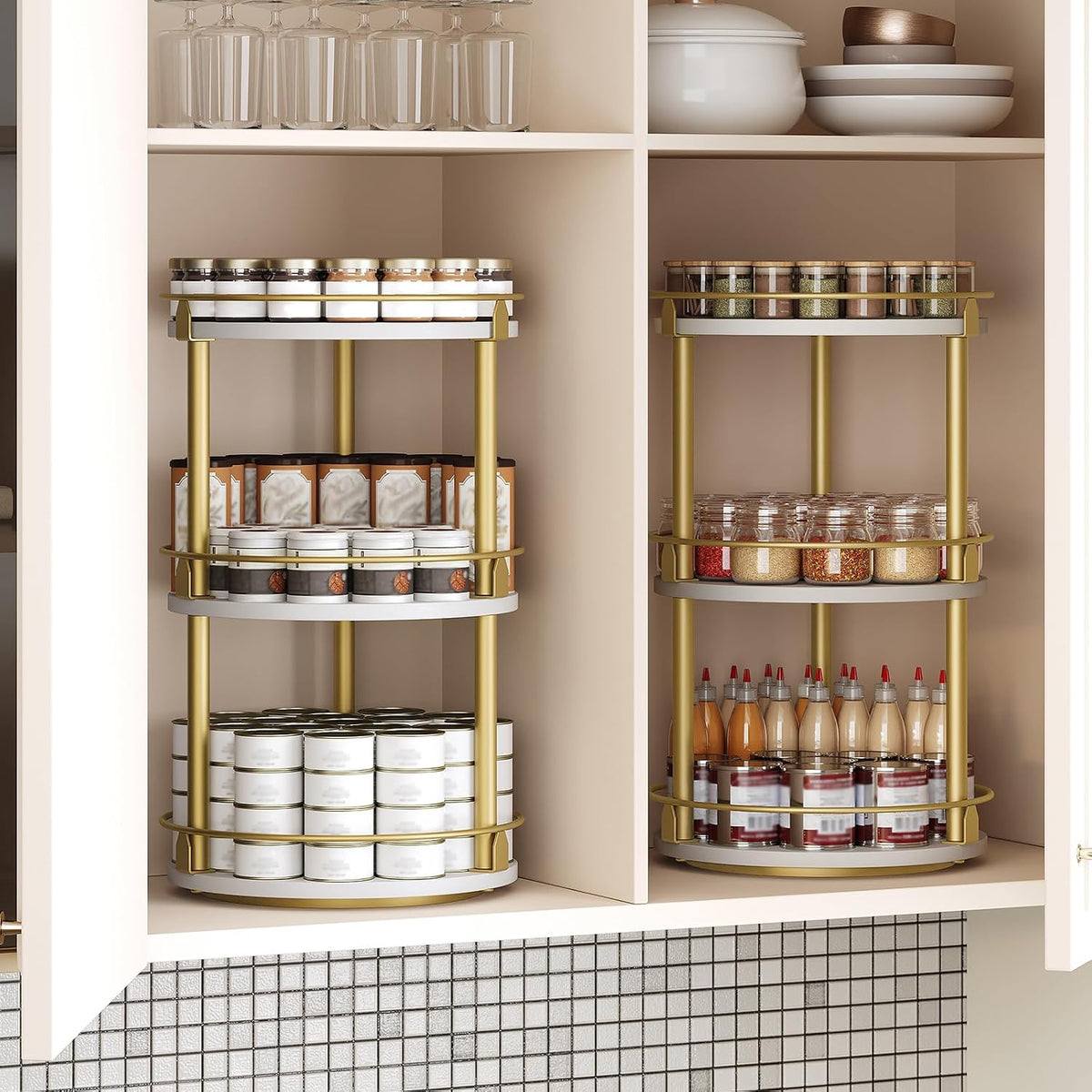 Lazy Susan Organizer, Rotating Spice Rack, 2 Tier Spice Turntable Organizer, Industrial Turntable Spice Holder, for Kitchen Countertop and Cabinet, Compact and Versatile, Rustic Brown SR22BR