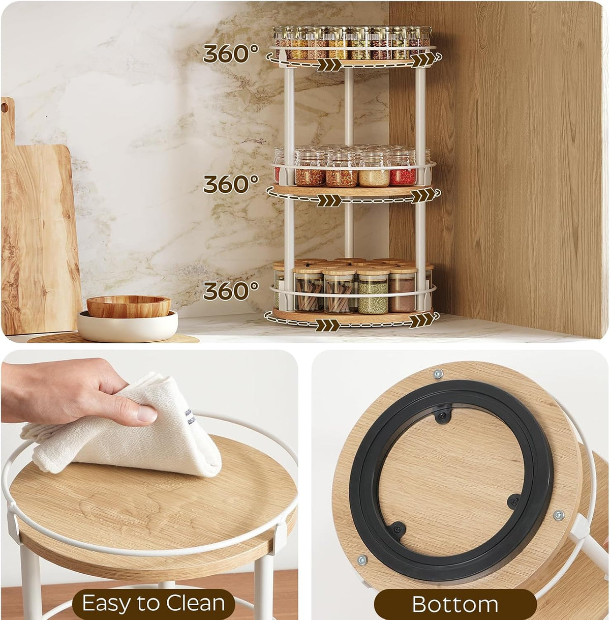 Lazy Susan Organizer, Rotating Spice Rack, 2 Tier Spice Turntable Organizer, Industrial Turntable Spice Holder, for Kitchen Countertop and Cabinet, Compact and Versatile, Rustic Brown SR22BR