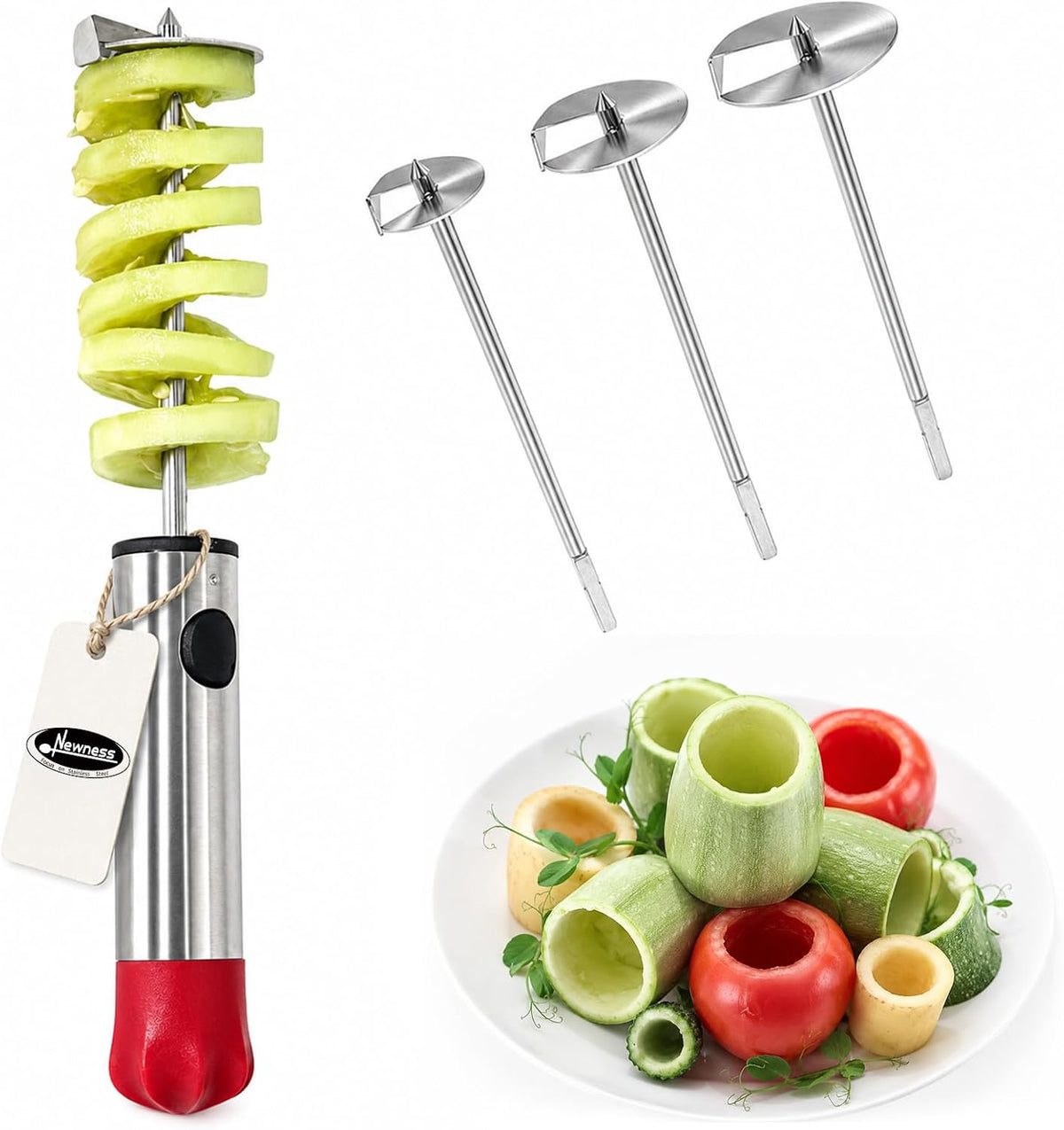 Newness Multi-Purpose Veggie Drill with Sharp Blade and Ergonomic Anti-Slip Handle, 4 Sizes for Coring and Hollowing out Zucchini, Potatoes, Carrot