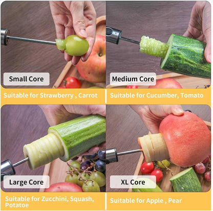 Newness Multi-Purpose Veggie Drill with Sharp Blade and Ergonomic Anti-Slip Handle, 4 Sizes for Coring and Hollowing out Zucchini, Potatoes, Carrot