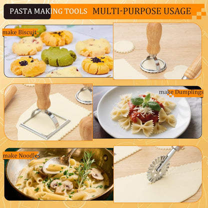 Pasta Making Tools Set, 10 Pcs Pasta Kit with Ravioli Mold & Gnocchi Board | Includes Rolling Pins, Dough Cutter & Pastry Wheel for Homemade Ravioli, Gnocchi, Dumplings and Pasta Lovers