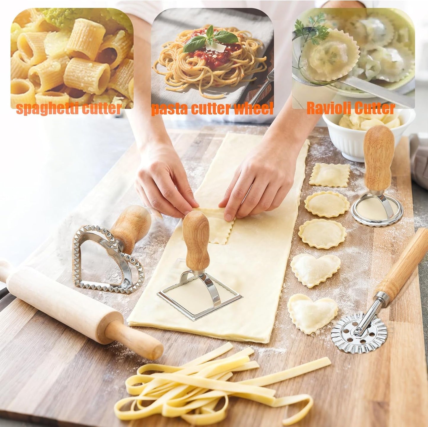 Pasta Making Tools Set, 10 Pcs Pasta Kit with Ravioli Mold & Gnocchi Board | Includes Rolling Pins, Dough Cutter & Pastry Wheel for Homemade Ravioli, Gnocchi, Dumplings and Pasta Lovers