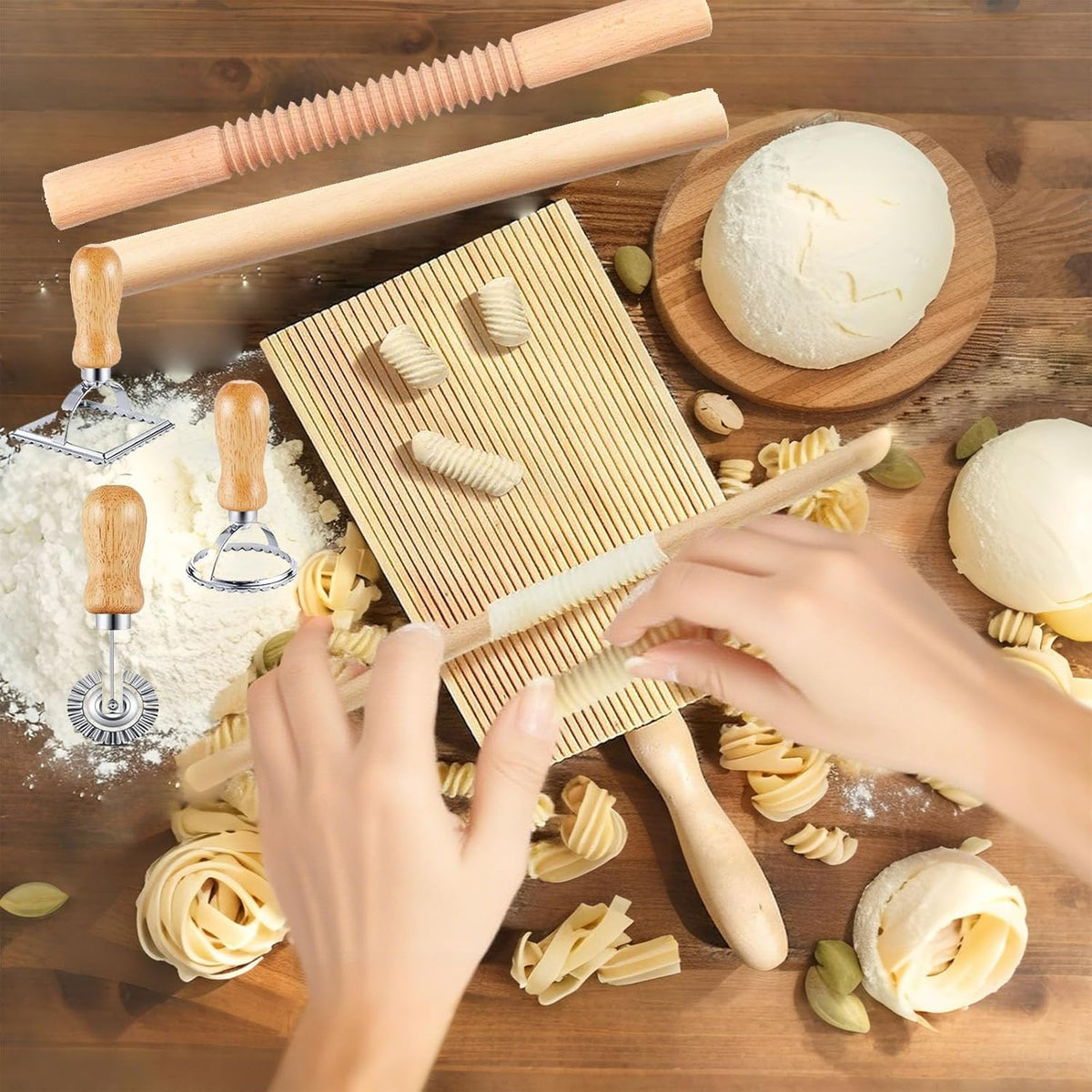 Pasta Making Tools Set, 10 Pcs Pasta Kit with Ravioli Mold & Gnocchi Board | Includes Rolling Pins, Dough Cutter & Pastry Wheel for Homemade Ravioli, Gnocchi, Dumplings and Pasta Lovers