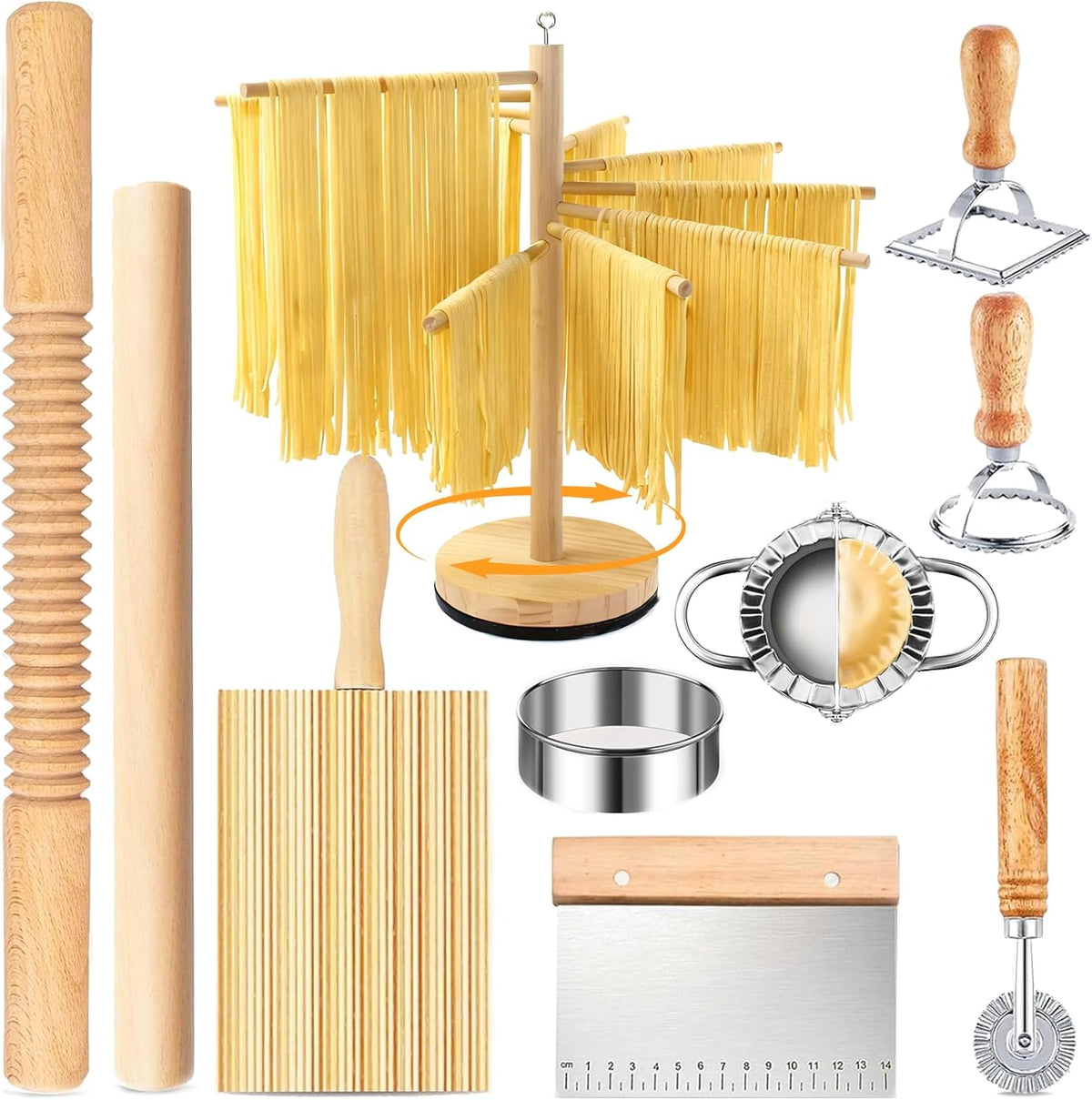 Pasta Making Tools Set, 10 Pcs Pasta Kit with Ravioli Mold & Gnocchi Board | Includes Rolling Pins, Dough Cutter & Pastry Wheel for Homemade Ravioli, Gnocchi, Dumplings and Pasta Lovers