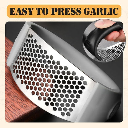 Garlic Press Rocker 2026 New,Portable Manual Stainless Steel Garlic Press Rocker Crusher Masher with Garlic Peeling Drum for Home Kitchen Utensils Garlic Crusher