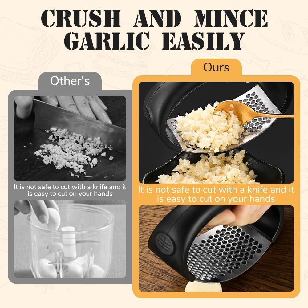 Garlic Press Rocker 2026 New,Portable Manual Stainless Steel Garlic Press Rocker Crusher Masher with Garlic Peeling Drum for Home Kitchen Utensils Garlic Crusher