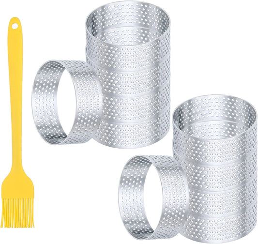 10pcs Perforated Cake Rings 2.4 Inch Stainless Steel Round Cake Mousse Ring Molds with Brush for Baking Cake Dessert Pastry Making, Silver Tone