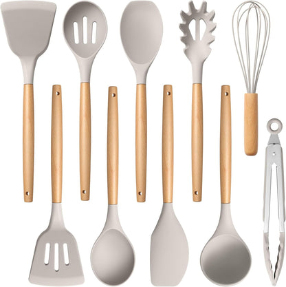 Silicone Cooking Utensils Set, 10-Piece Heat Resistant Kitchen Utensils Set with Wooden Handle for Nonstick Cookware, Kitchen Nonstick Tools Spatula Whisk Tongs Ladle, Non-toxic & Healthy(Khaki)