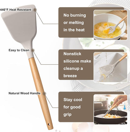 Silicone Cooking Utensils Set, 10-Piece Heat Resistant Kitchen Utensils Set with Wooden Handle for Nonstick Cookware, Kitchen Nonstick Tools Spatula Whisk Tongs Ladle, Non-toxic & Healthy(Khaki)