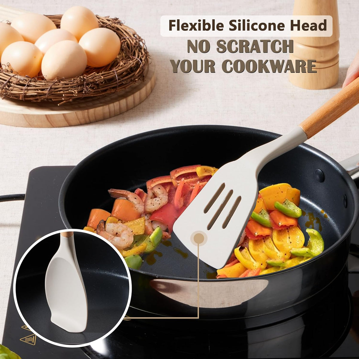 Silicone Cooking Utensils Set, 10-Piece Heat Resistant Kitchen Utensils Set with Wooden Handle for Nonstick Cookware, Kitchen Nonstick Tools Spatula Whisk Tongs Ladle, Non-toxic & Healthy(Khaki)
