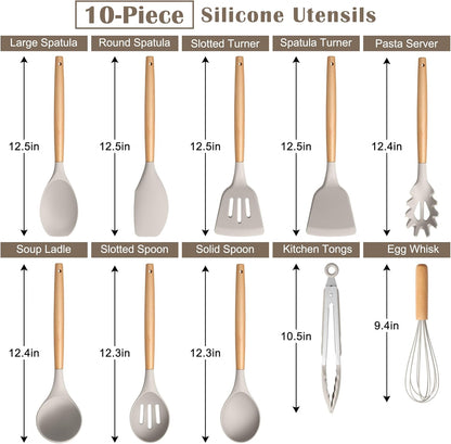 Silicone Cooking Utensils Set, 10-Piece Heat Resistant Kitchen Utensils Set with Wooden Handle for Nonstick Cookware, Kitchen Nonstick Tools Spatula Whisk Tongs Ladle, Non-toxic & Healthy(Khaki)