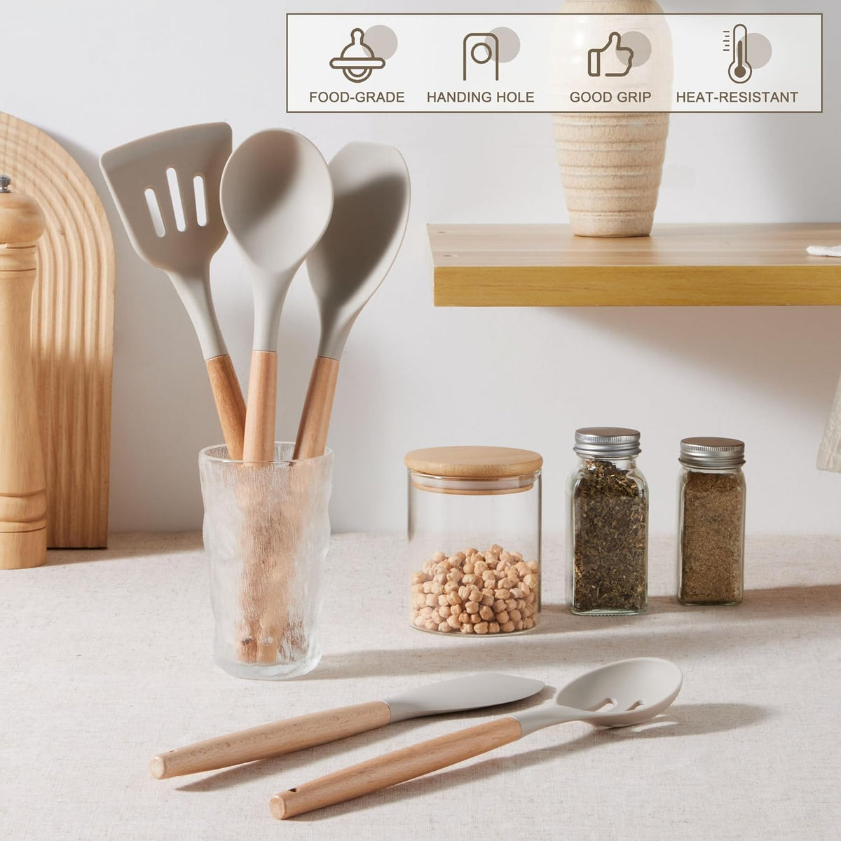 Silicone Cooking Utensils Set, 10-Piece Heat Resistant Kitchen Utensils Set with Wooden Handle for Nonstick Cookware, Kitchen Nonstick Tools Spatula Whisk Tongs Ladle, Non-toxic & Healthy(Khaki)