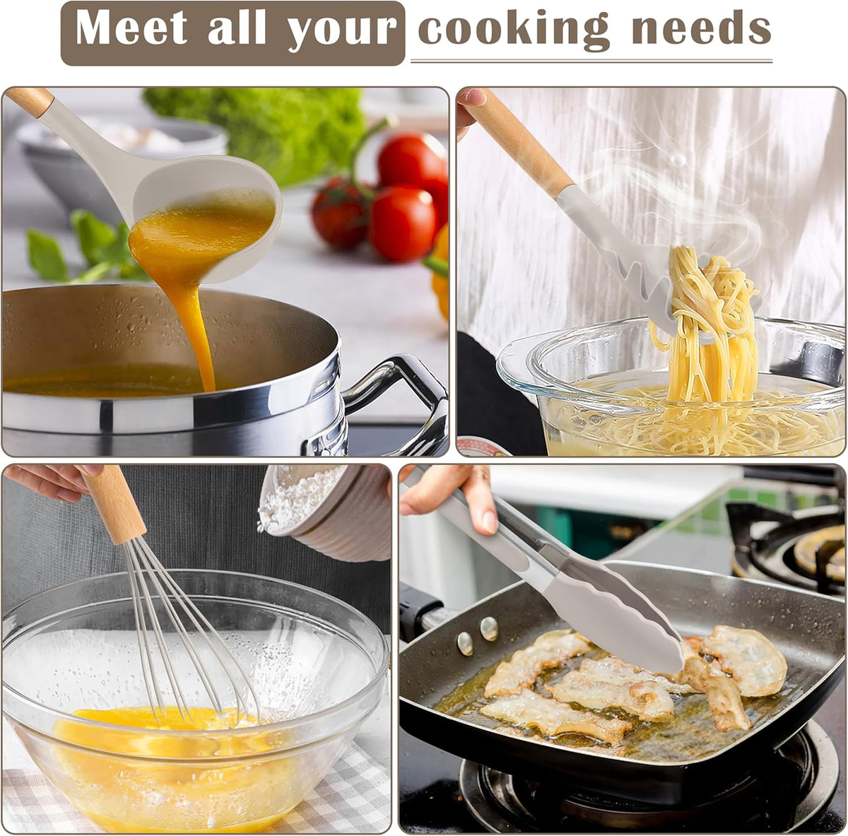 Silicone Cooking Utensils Set, 10-Piece Heat Resistant Kitchen Utensils Set with Wooden Handle for Nonstick Cookware, Kitchen Nonstick Tools Spatula Whisk Tongs Ladle, Non-toxic & Healthy(Khaki)