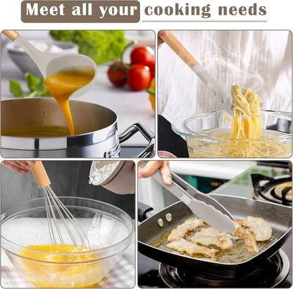 Silicone Cooking Utensils Set, 10-Piece Heat Resistant Kitchen Utensils Set with Wooden Handle for Nonstick Cookware, Kitchen Nonstick Tools Spatula Whisk Tongs Ladle, Non-toxic & Healthy(Khaki)