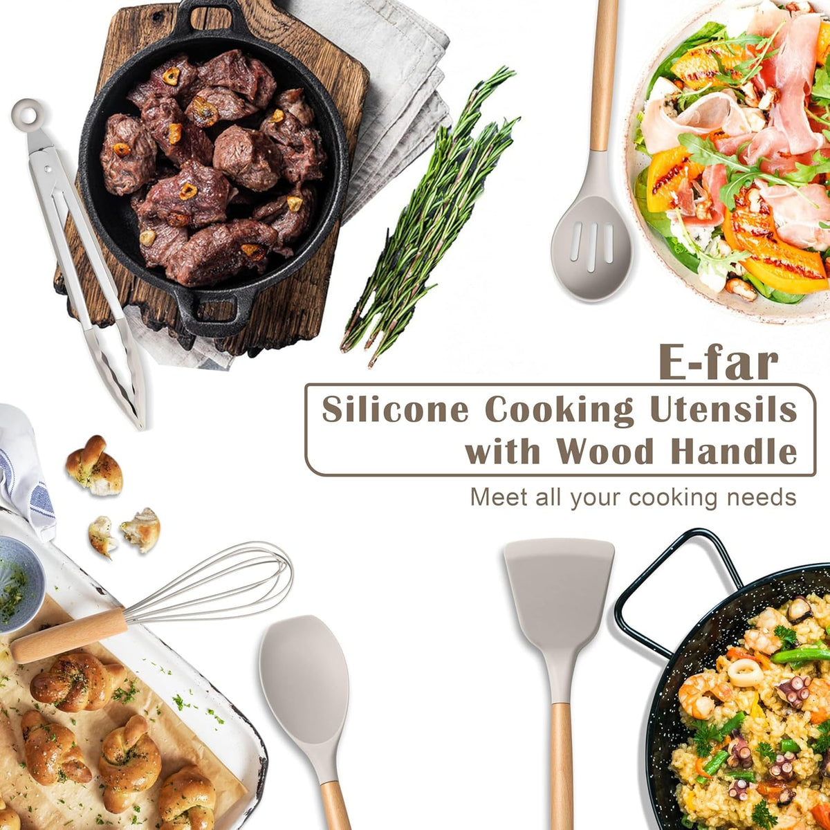 Silicone Cooking Utensils Set, 10-Piece Heat Resistant Kitchen Utensils Set with Wooden Handle for Nonstick Cookware, Kitchen Nonstick Tools Spatula Whisk Tongs Ladle, Non-toxic & Healthy(Khaki)