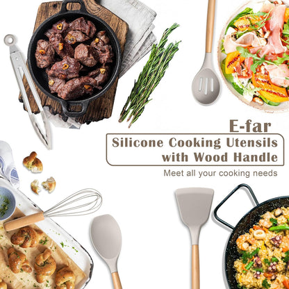 Silicone Cooking Utensils Set, 10-Piece Heat Resistant Kitchen Utensils Set with Wooden Handle for Nonstick Cookware, Kitchen Nonstick Tools Spatula Whisk Tongs Ladle, Non-toxic & Healthy(Khaki)