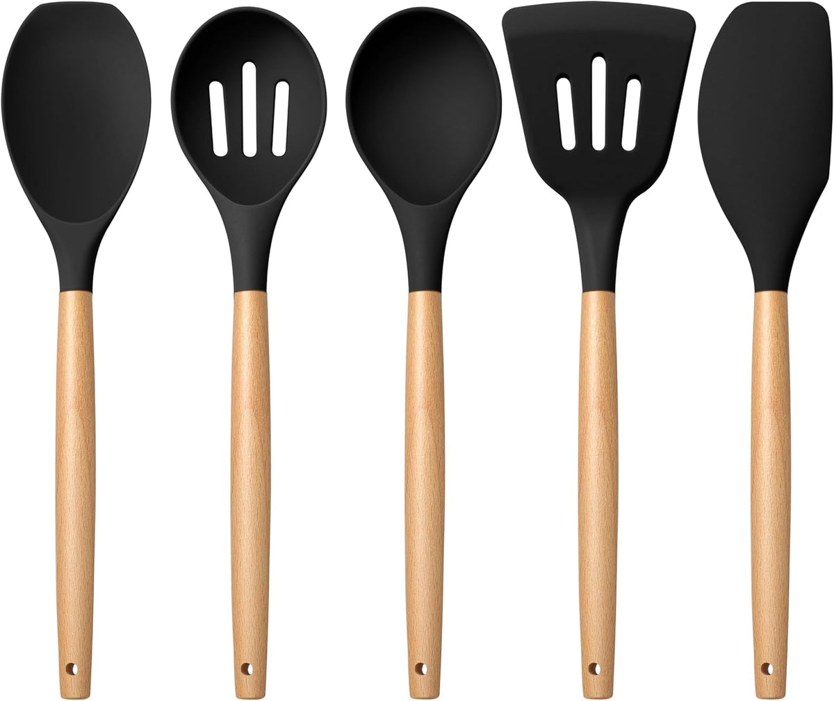Silicone Cooking Utensils Set, 10-Piece Heat Resistant Kitchen Utensils Set with Wooden Handle for Nonstick Cookware, Kitchen Nonstick Tools Spatula Whisk Tongs Ladle, Non-toxic & Healthy(Khaki)