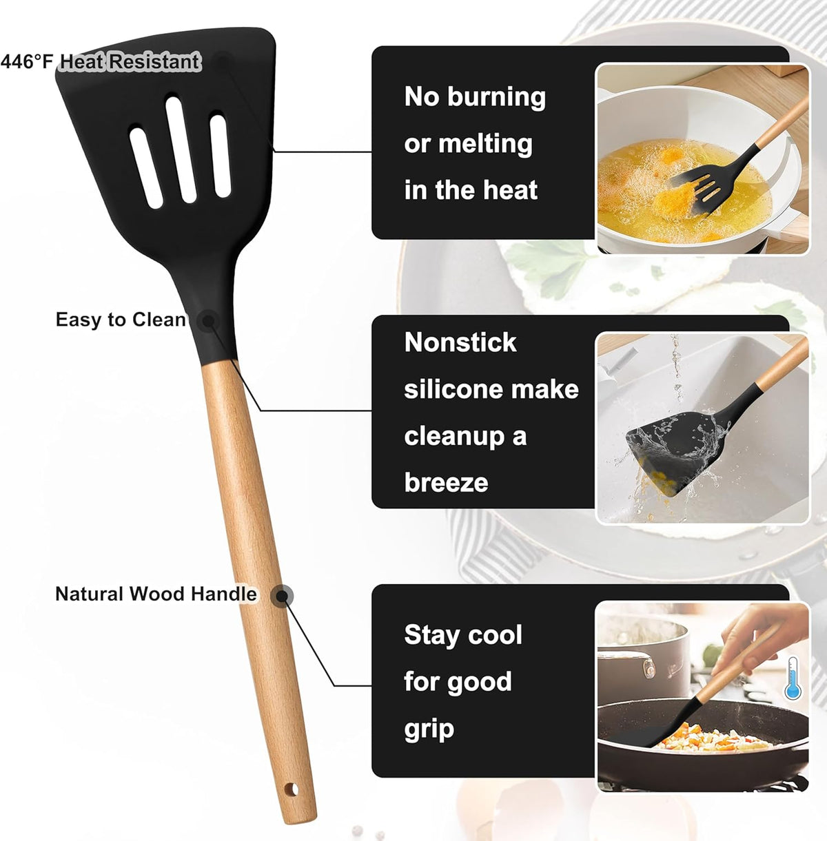 Silicone Cooking Utensils Set, 10-Piece Heat Resistant Kitchen Utensils Set with Wooden Handle for Nonstick Cookware, Kitchen Nonstick Tools Spatula Whisk Tongs Ladle, Non-toxic & Healthy(Khaki)
