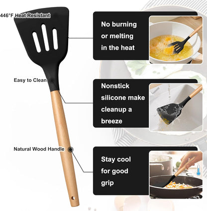 Silicone Cooking Utensils Set, 10-Piece Heat Resistant Kitchen Utensils Set with Wooden Handle for Nonstick Cookware, Kitchen Nonstick Tools Spatula Whisk Tongs Ladle, Non-toxic & Healthy(Khaki)