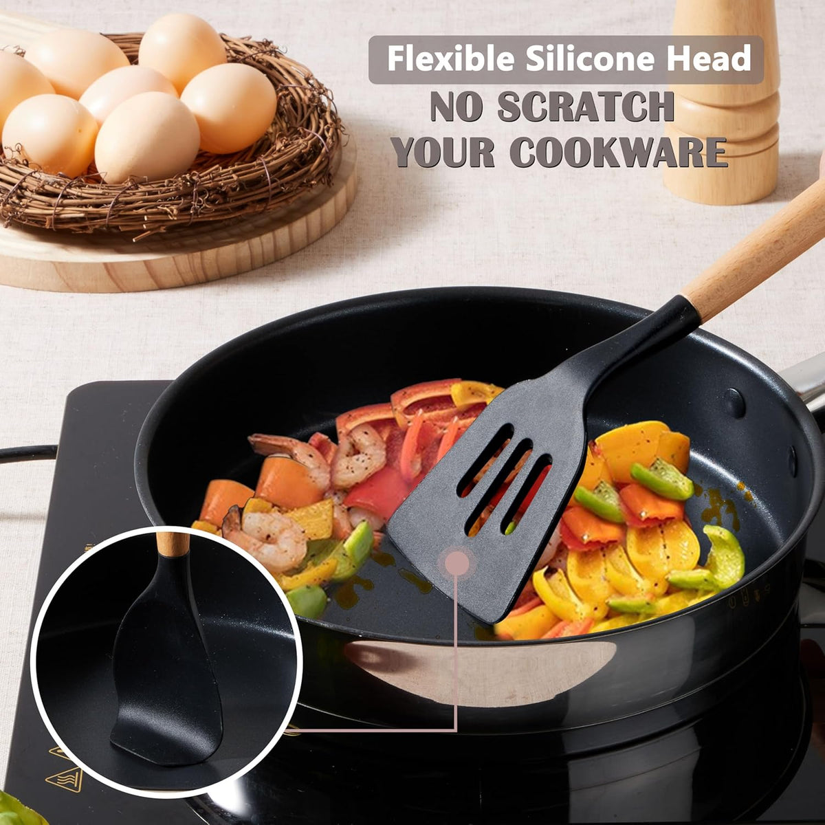 Silicone Cooking Utensils Set, 10-Piece Heat Resistant Kitchen Utensils Set with Wooden Handle for Nonstick Cookware, Kitchen Nonstick Tools Spatula Whisk Tongs Ladle, Non-toxic & Healthy(Khaki)