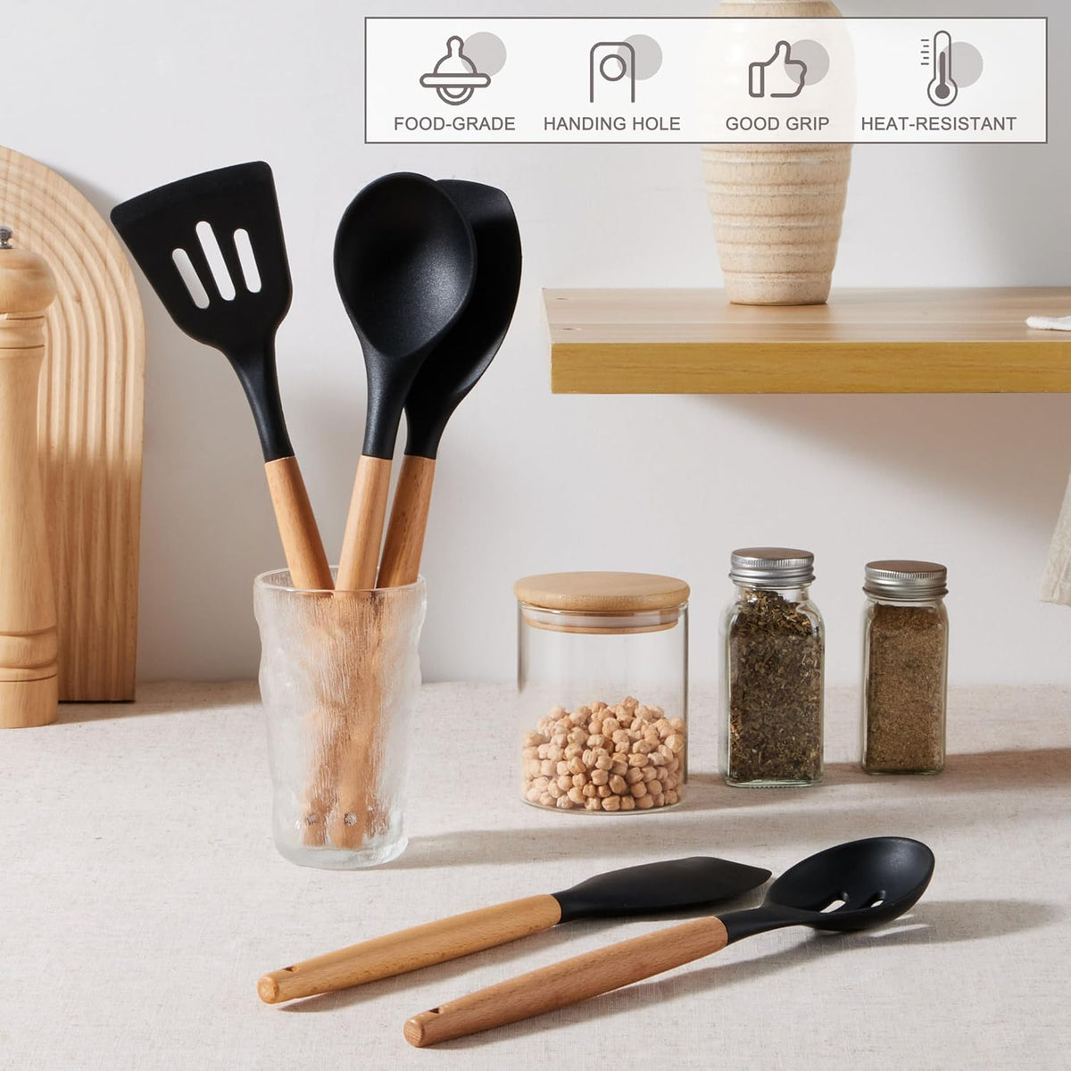 Silicone Cooking Utensils Set, 10-Piece Heat Resistant Kitchen Utensils Set with Wooden Handle for Nonstick Cookware, Kitchen Nonstick Tools Spatula Whisk Tongs Ladle, Non-toxic & Healthy(Khaki)