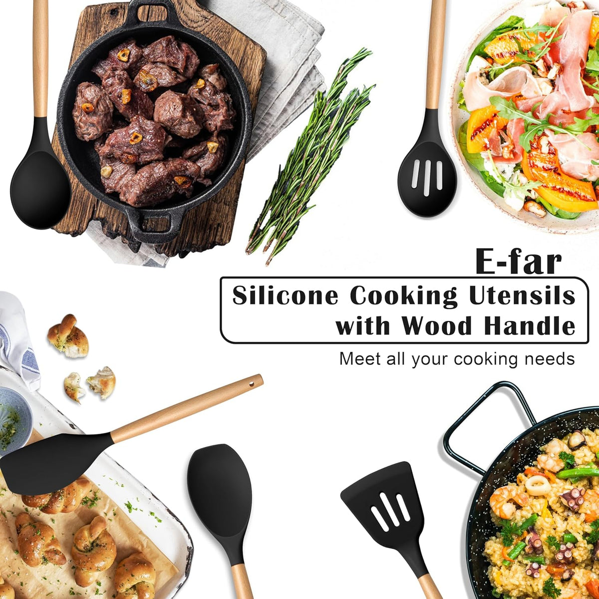 Silicone Cooking Utensils Set, 10-Piece Heat Resistant Kitchen Utensils Set with Wooden Handle for Nonstick Cookware, Kitchen Nonstick Tools Spatula Whisk Tongs Ladle, Non-toxic & Healthy(Khaki)