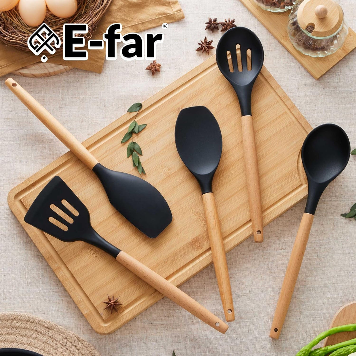 Silicone Cooking Utensils Set, 10-Piece Heat Resistant Kitchen Utensils Set with Wooden Handle for Nonstick Cookware, Kitchen Nonstick Tools Spatula Whisk Tongs Ladle, Non-toxic & Healthy(Khaki)