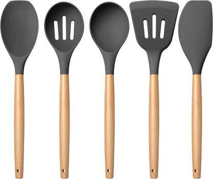 Silicone Cooking Utensils Set, 10-Piece Heat Resistant Kitchen Utensils Set with Wooden Handle for Nonstick Cookware, Kitchen Nonstick Tools Spatula Whisk Tongs Ladle, Non-toxic & Healthy(Khaki)