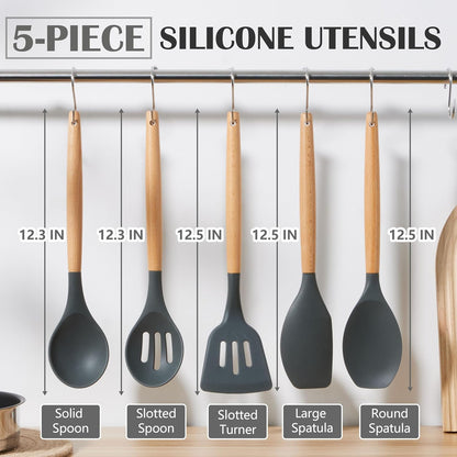 Silicone Cooking Utensils Set, 10-Piece Heat Resistant Kitchen Utensils Set with Wooden Handle for Nonstick Cookware, Kitchen Nonstick Tools Spatula Whisk Tongs Ladle, Non-toxic & Healthy(Khaki)