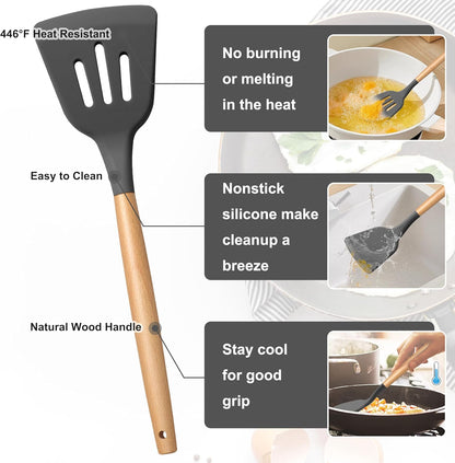 Silicone Cooking Utensils Set, 10-Piece Heat Resistant Kitchen Utensils Set with Wooden Handle for Nonstick Cookware, Kitchen Nonstick Tools Spatula Whisk Tongs Ladle, Non-toxic & Healthy(Khaki)