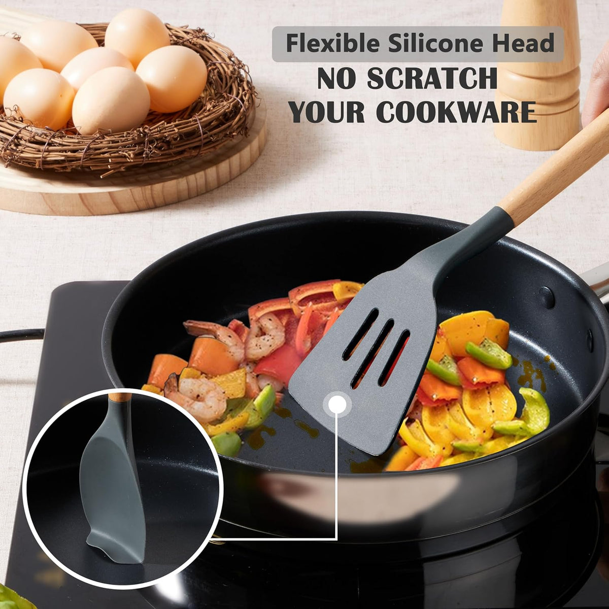 Silicone Cooking Utensils Set, 10-Piece Heat Resistant Kitchen Utensils Set with Wooden Handle for Nonstick Cookware, Kitchen Nonstick Tools Spatula Whisk Tongs Ladle, Non-toxic & Healthy(Khaki)