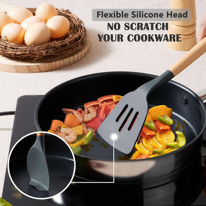 Silicone Cooking Utensils Set, 10-Piece Heat Resistant Kitchen Utensils Set with Wooden Handle for Nonstick Cookware, Kitchen Nonstick Tools Spatula Whisk Tongs Ladle, Non-toxic & Healthy(Khaki)