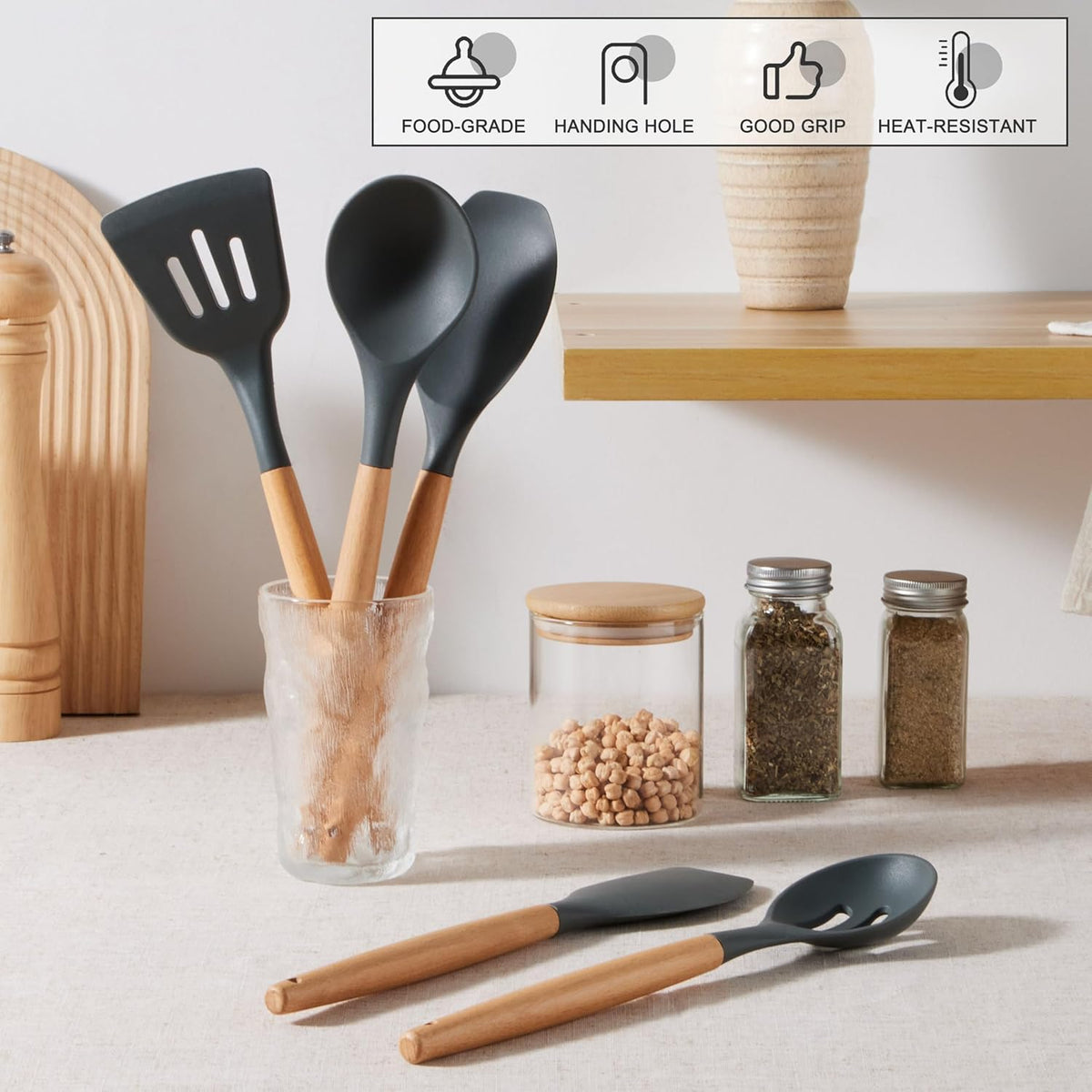 Silicone Cooking Utensils Set, 10-Piece Heat Resistant Kitchen Utensils Set with Wooden Handle for Nonstick Cookware, Kitchen Nonstick Tools Spatula Whisk Tongs Ladle, Non-toxic & Healthy(Khaki)