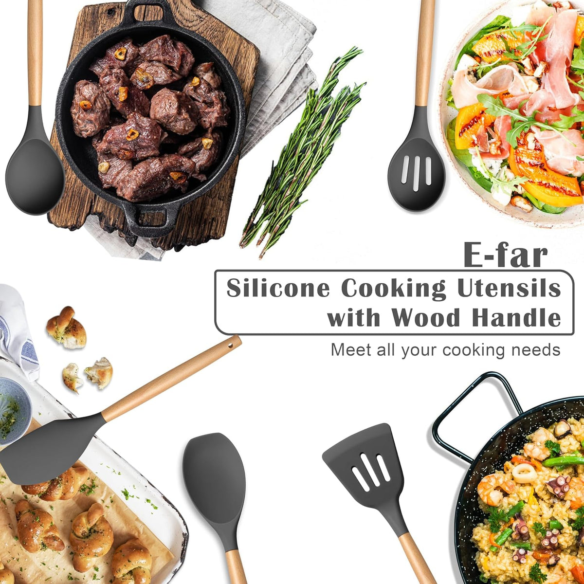 Silicone Cooking Utensils Set, 10-Piece Heat Resistant Kitchen Utensils Set with Wooden Handle for Nonstick Cookware, Kitchen Nonstick Tools Spatula Whisk Tongs Ladle, Non-toxic & Healthy(Khaki)