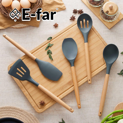 Silicone Cooking Utensils Set, 10-Piece Heat Resistant Kitchen Utensils Set with Wooden Handle for Nonstick Cookware, Kitchen Nonstick Tools Spatula Whisk Tongs Ladle, Non-toxic & Healthy(Khaki)